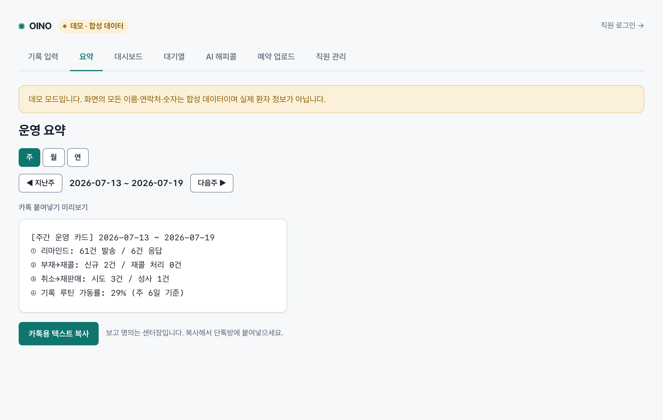 OINO 운영 요약 화면. 카톡 붙여넣기용 운영 요약 텍스트.